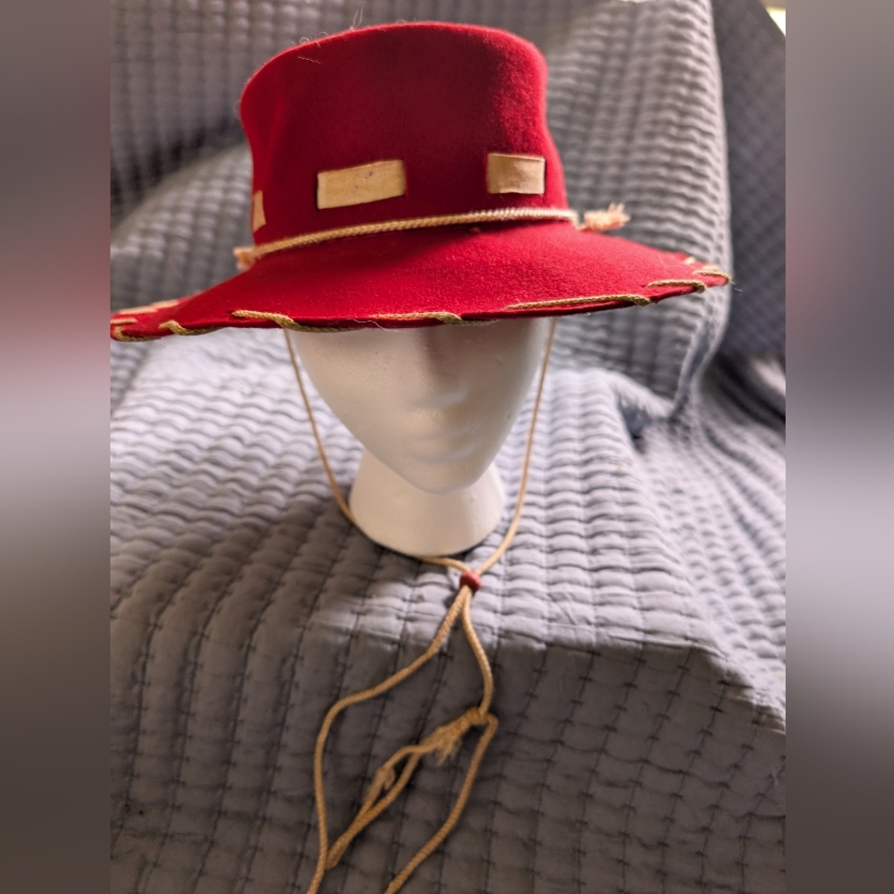 Vintage Wild West Red Wide-Brim Hat with Rope Detail